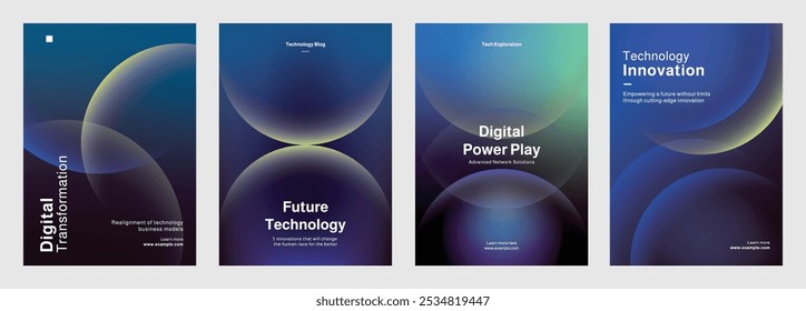 Set of modern technology-themed posters, showcasing digital data analytics, and innovation. Set of poster templates in blue with digital technology and data security. Poster template vector  set.