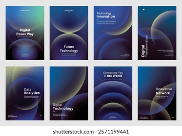 Set of modern technology-themed posters, showcasing digital data analytics, and innovation. Set of poster templates in blue with digital technology and data security. Poster template vector  set.