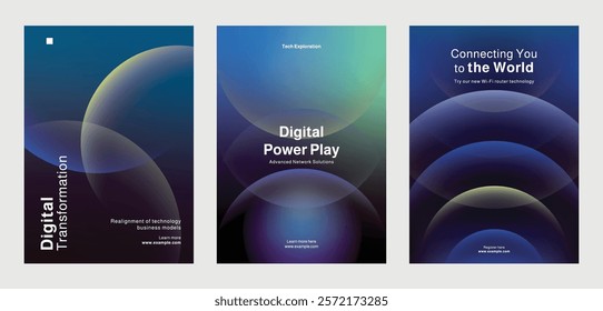 Set of modern technology-themed posters, showcasing digital data analytics, and innovation. Set of poster templates in blue with digital technology and data security. Poster template vector  set.