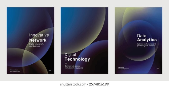 Set of modern technology-themed posters, showcasing digital data analytics, and innovation. Set of poster templates in blue with digital technology and data security. Poster template vector  set.