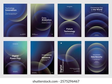 Set of modern technology-themed posters, showcasing digital data analytics, and innovation. Set of poster templates in blue with digital technology and data security.