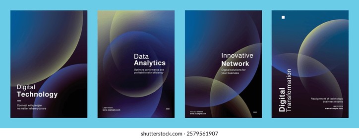 Set of modern technology-themed posters, showcasing digital data analytics, and innovation. Set of poster templates in blue with digital technology and data security. Poster template vector  set.