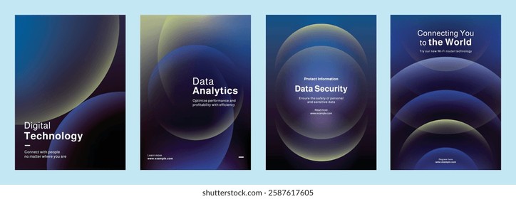 Set of modern technology-themed posters, showcasing digital data analytics, and innovation. Set of poster templates in blue with digital technology and data security. Poster template vector  set.