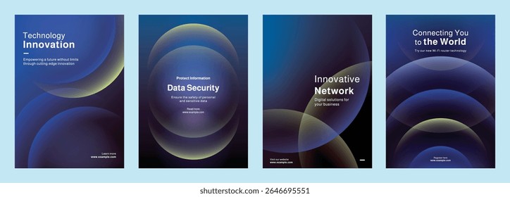 Conjunto de afiches con temas de tecnología moderna, que muestran análisis de datos digitales e innovación. Conjunto de Plantillas de cartel en azul con tecnología digital y seguridad de datos. Conjunto de Vector de Plantilla de póster.