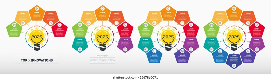 Set of Modern Template for Strategy and Vision Planning. Light Bulb with Colorful Pentagon Steps. Bright Ideas 2025 Circle Diagram. Strategy Infographic Template. 2025 Innovative Business Infographic.