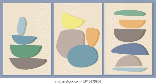 Set of modern templates with abstract composition of simple shapes. Trending collage style, minimalism. Pastel earthy colors. Vector banners for postcards, posters and social media covers.