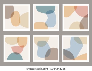 Set of modern templates with abstract composition of simple shapes. Trending collage style, minimalism. Pastel earthy colors. Vector banners for postcards, posters and social media covers.