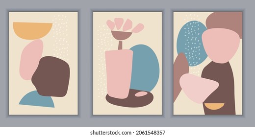 Set of modern templates with abstract composition of simple shapes. Trending collage style, minimalism. Pastel earthy colors. Vector banners for postcards, posters and social media covers.