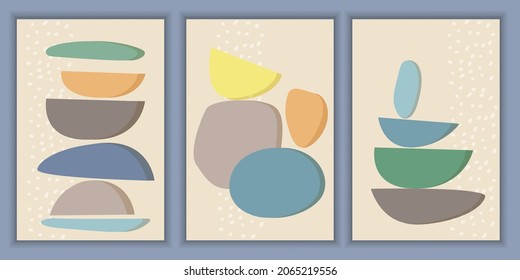 Set of modern templates with abstract composition of simple shapes. Trending collage style, minimalism. Pastel earthy colors. Vector banners for postcards, posters and social media covers.