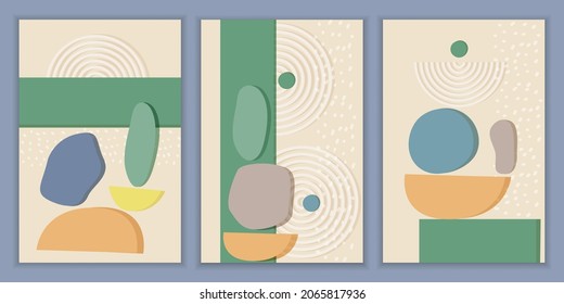 Conjunto de plantillas modernas con composición abstracta de formas simples. Estilo de collage de tendencia, minimalismo. Pastel de colores de tierra. Pancartas vectoriales para postales, afiches y portadas de medios sociales