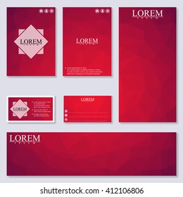 Set of modern templates for brochure, flyer, visit cards and banner. Background with red triangles. Vector Illustration.