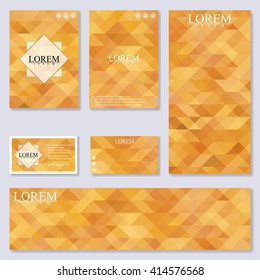 Set of modern templates for brochure, flyer, visit cards and banner. Background with gold triangles. Vector Illustration.