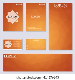 Set of modern templates for brochure, flyer, visit cards and banner. Background with orange triangles. Vector Illustration.