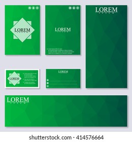 Set of modern templates for brochure, flyer, visit cards and banner. Background with green triangles. Vector Illustration.