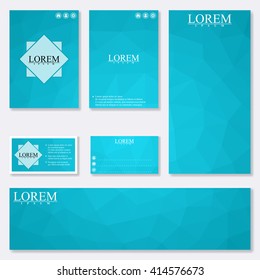 Set of modern templates for brochure, flyer, visit cards and banner. Background with blue triangles. Vector Illustration.