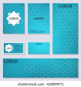 Set of modern templates for brochure, flyer, visit cards and banner. Structure molecule of DNA and neurons. Medicine, science and technology. Vector Illustration.