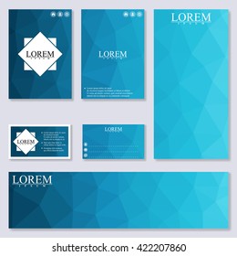 Set of modern templates for brochure, flyer, visit cards and banner. Background with blue triangles. Vector Illustration.