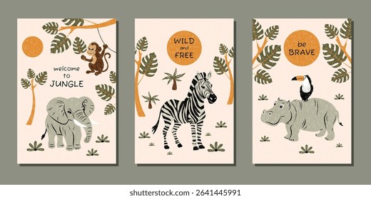 A set of modern templates with hand-drawn elephant, zebra, hippopotamus, toucan and inscriptions. Vector illustration for banners, advertisements, postcards, covers and more.