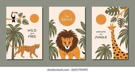 A set of modern templates with hand-drawn leopard, giraffe, lion, toucan and inscriptions. Vector illustration for banners, advertisements, postcards, covers, and more.