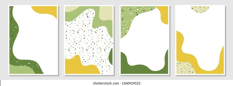 Set of Modern templates with liquid shapes and terrazzo texture. Abstract collage design for brochure, flyer, poster, magazine cover, packaging, branding design. 