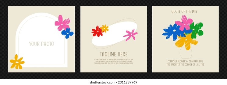 Set of modern templates for posts in social networks with daisies. Modern designs with a spring and festival theme. Pencil drawn daisies. Vector minimalist collage.