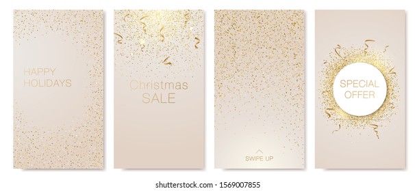 Set of modern templates for social media advertising. Christmas vertical backgrounds design. Festive banners with golden glitter.