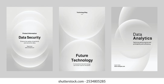 Conjunto de modelos modernos para inovação tecnológica, análise de dados e transformação digital. Conjunto de modelos de pôster em cinza com tecnologia digital e segurança de dados. Vetor de modelo de cartaz definido.