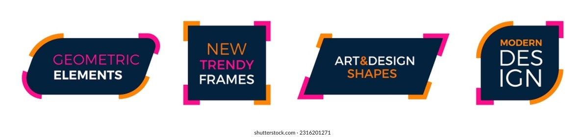 Set of modern text frame shapes. Fluid vector trendy elements. Template graphics with geometric speech bubbles and banners with frames to put your own text with orange and pink reddish magenta colors