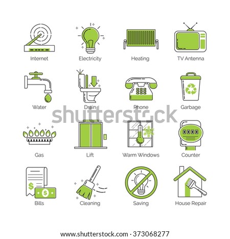 A set of modern thin line with green coloring public utility, housing facilities, communal housing services vector icons