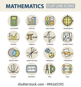 Set Of Modern Thin Line Icons For Math. Vector Illustration With Different Elements On The Subject Mathematics.