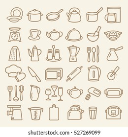 Set of modern thin line icons home tableware, household and kitchen utensils