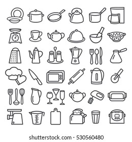 Set of modern thin line icons home tableware, household and kitchen utensils