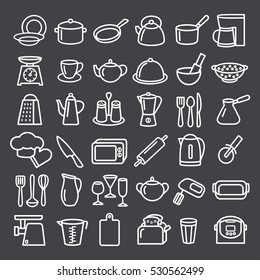 Set of modern thin line icons home tableware, household and kitchen utensils