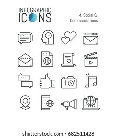 Set of modern thin line icons, social and communications: networks, internet media, video and photo blogging, online messaging, information sharing. Vector illustration for website, web page, banner.