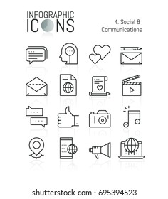 Set of modern thin line icons, social and communications: networks, internet media, video and photo blogging, online messaging, information sharing. Vector illustration for website, web page, banner.