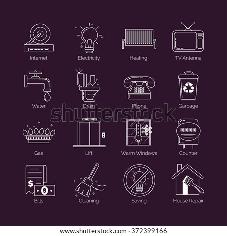 A set of modern thin line white public utility, housing facilities, communal housing services vector icons