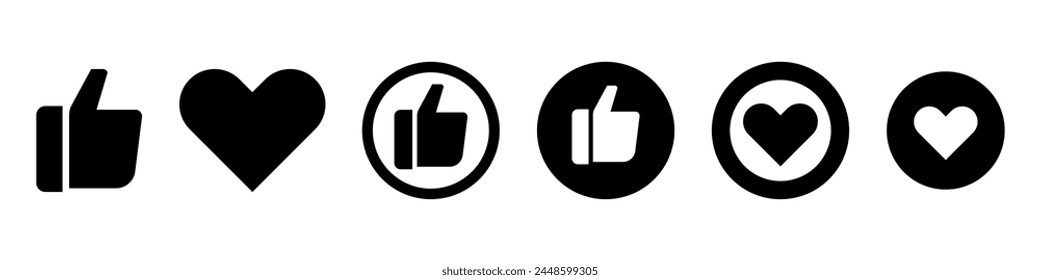 Conjunto de pulgar moderno hacia arriba o como y el icono del corazón. Botones para un App móvil. Vector aislado en el fondo.