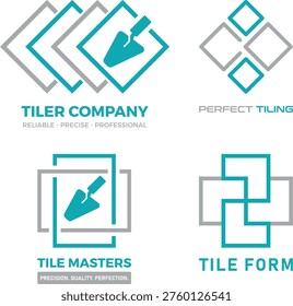 Set of Modern Tiling and Construction Logo Templates with Trowel and Geometric Tiles