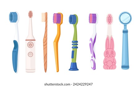 Conjunto de cepillo de dientes moderno con ilustración vectorial de mango de plástico aislado en fondo blanco