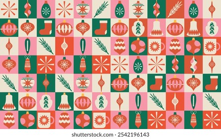 Set of modern trend banners. Simple pattern. Flat. Xmas covers. Squares. Balls, branch. Christmas and New Year. Mosaic. Neo geometric. Wrapping paper. Hand drawn. Doodle. Elements, shapes, frames. 