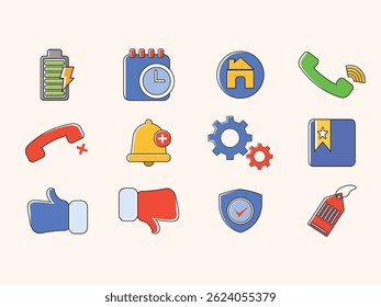 Un conjunto de iconos vectoriales modernos de tendencia en estilo de diseño plano. Esta colección incluye 12 iconos con diferentes colores en un estilo.