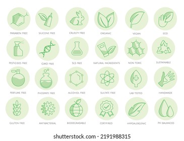 Set of Modern and Trendy 24 Natural Organic Skincare Product Icons (SLS Free, Natural, Eco, Gmo, Gluten, Parfume), suitable for digital design or packaging print.