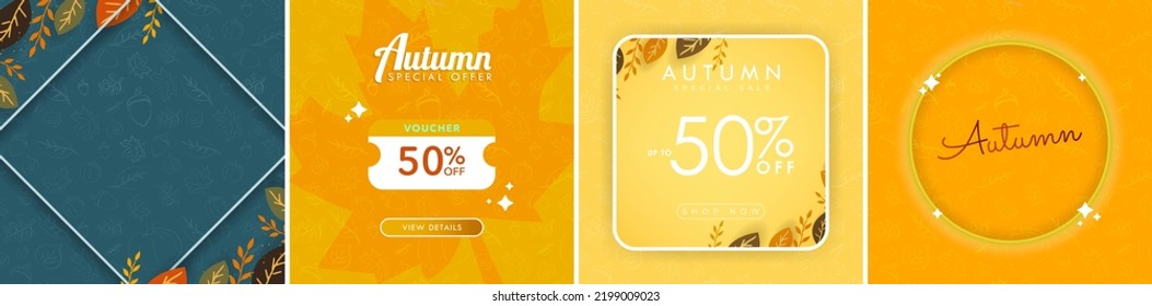 Set of Modern and trendy Autumn-themed backdrops and card backgrounds, up to 50% off Autumn special sale. Editable Vector Art. 