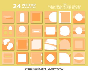 Set of modern and trendy backdrops frames for content creation, designs, posts. Monochromatic orange, yellow, and cream colors, geometric and organic shapes with brush stroke elements. Editable Vector
