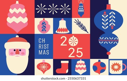 Set of modern trendy banners. Simple pattern. Flat. Xmas covers. Vintage style. Squares. Balls, branch. Christmas and New Year. Mosaic. Neo geometric. Wrapping paper. Hand drawn. Holly Jolly. Elements