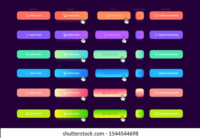 Set Of Modern And Trendy Button States On Dark Background. Different States: Normal, Hover, Clicked, Loading And Success Buttons.