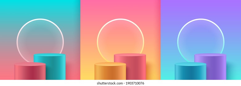 Set of modern trendy color cylinder podiums with circular neon, Pastel empty room background. Abstract vector rendering 3D shape for product display presentation. Minimal wall scene, Studio room.