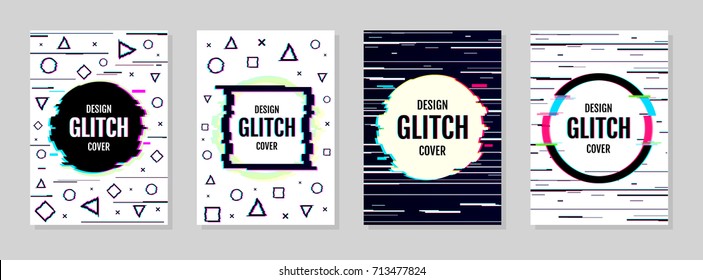 Set of modern trendy design background in modern distorted glitch style. Good for covers posters, banners, flyers, placards. A4 format. Vector illustration. EPS 10.