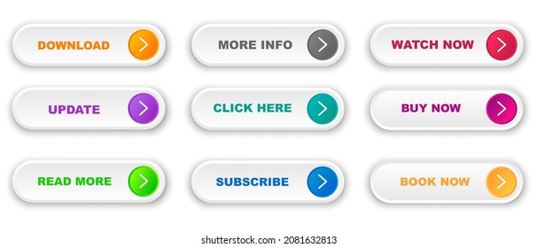 Set of modern trendy flat buttons. Different colors text. Read more, book now, download, watch now, more info and buy now. Vector EPS 10