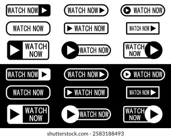 Set of modern trendy flat buttons for website. Collection of Watch now buttons. Play video buttons in flat style. Vector illustration isolatd on black and white background.